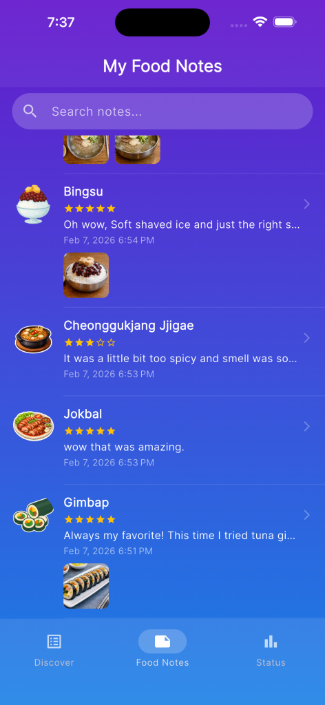 Food Diary app screen