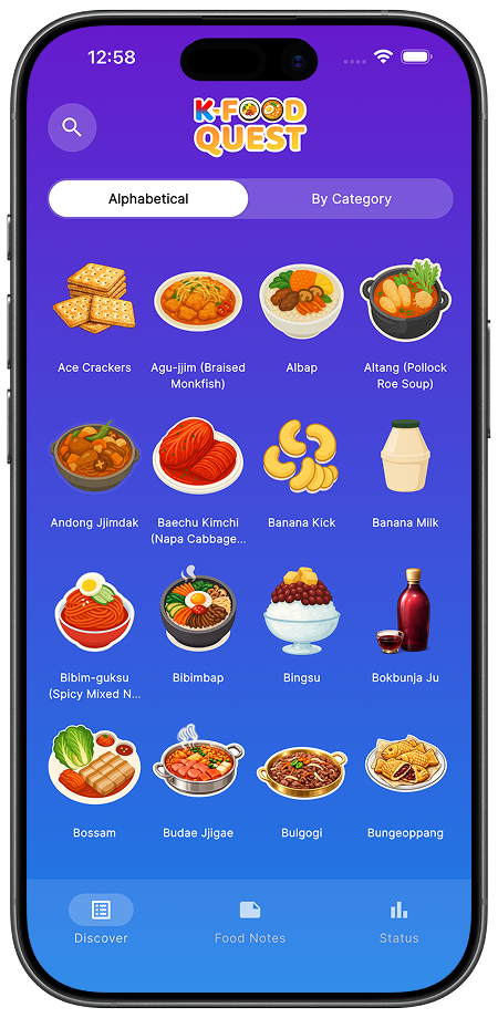 K-Food Quest app showing illustrated Korean dishes